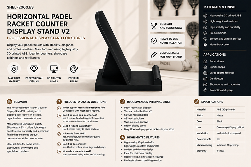 Countertop Horizontal Padel Racket Holder V2 manufactured in high-quality 3D printed ABS for professional padel stores, retail counters and display cabinets.